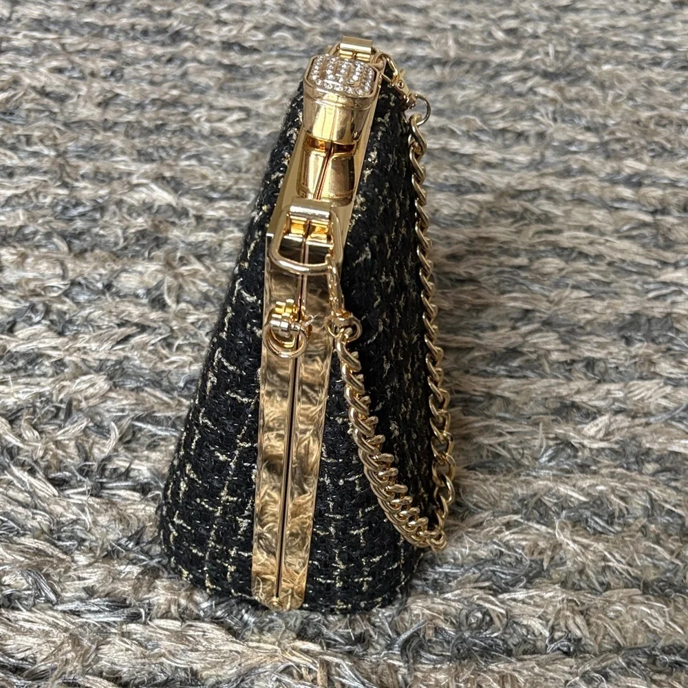 NWOT! Chic Black and Gold Tweed Clutch Gold Hardware with Crystals - Picture 3 of 7